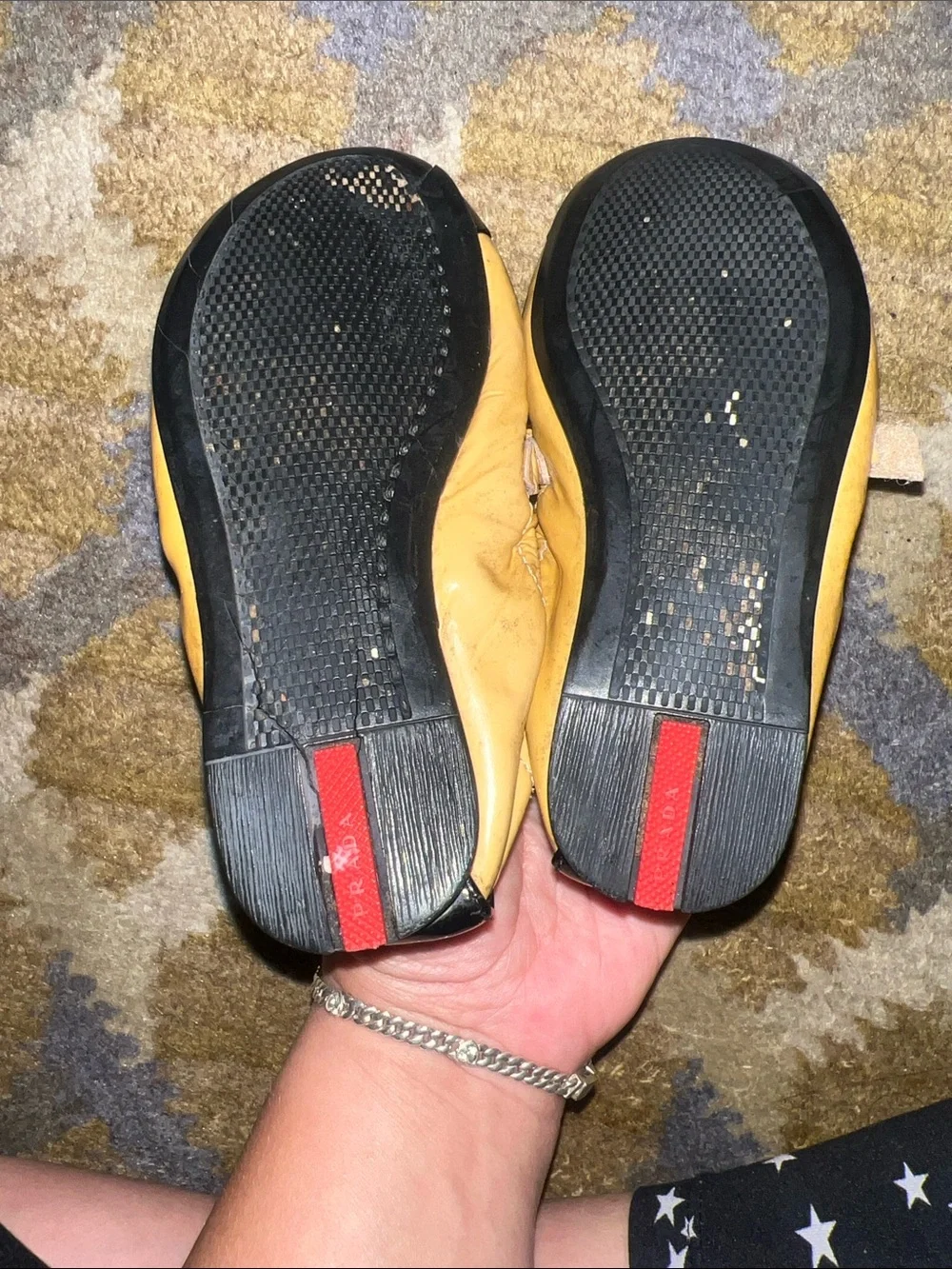 Prada Yellow Leather Mary Jane Flats with Black size 25
